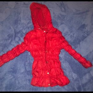 Red puffer jacket
